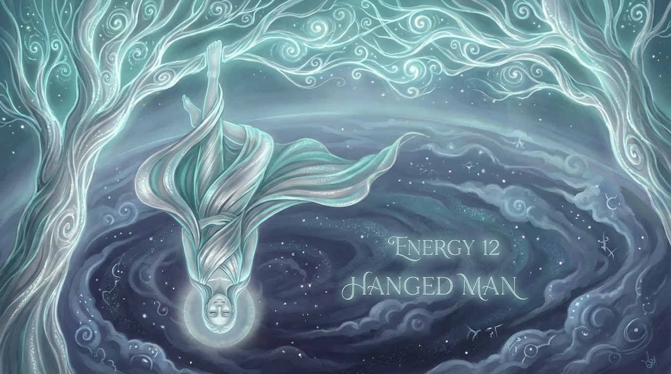 Alt text: Energy 12 Hanged Man archetype visualization - a figure suspended gracefully in mid-air from a glowing tree of life, looking at the world upside down with a serene expression and a halo of light around the head, symbolizing enlightenment through surrender, rendered in ethereal teals, soft silvers, and deep indigo